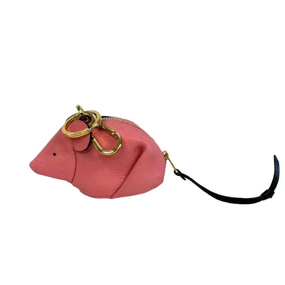 Loewe Leather Mouse Coin Purse Charm Keychain Pouch Candy Pink Gold Tone Spain